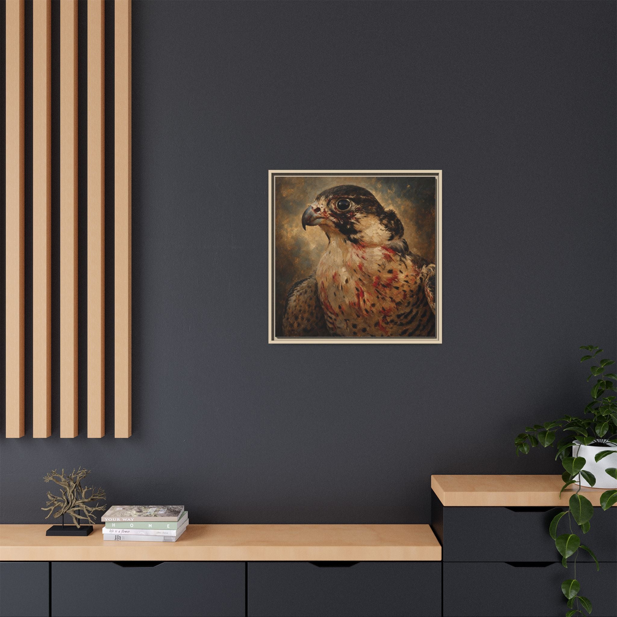 Framed Matte Canvas Falcon Portrait — Dramatic Raptor Wall Art