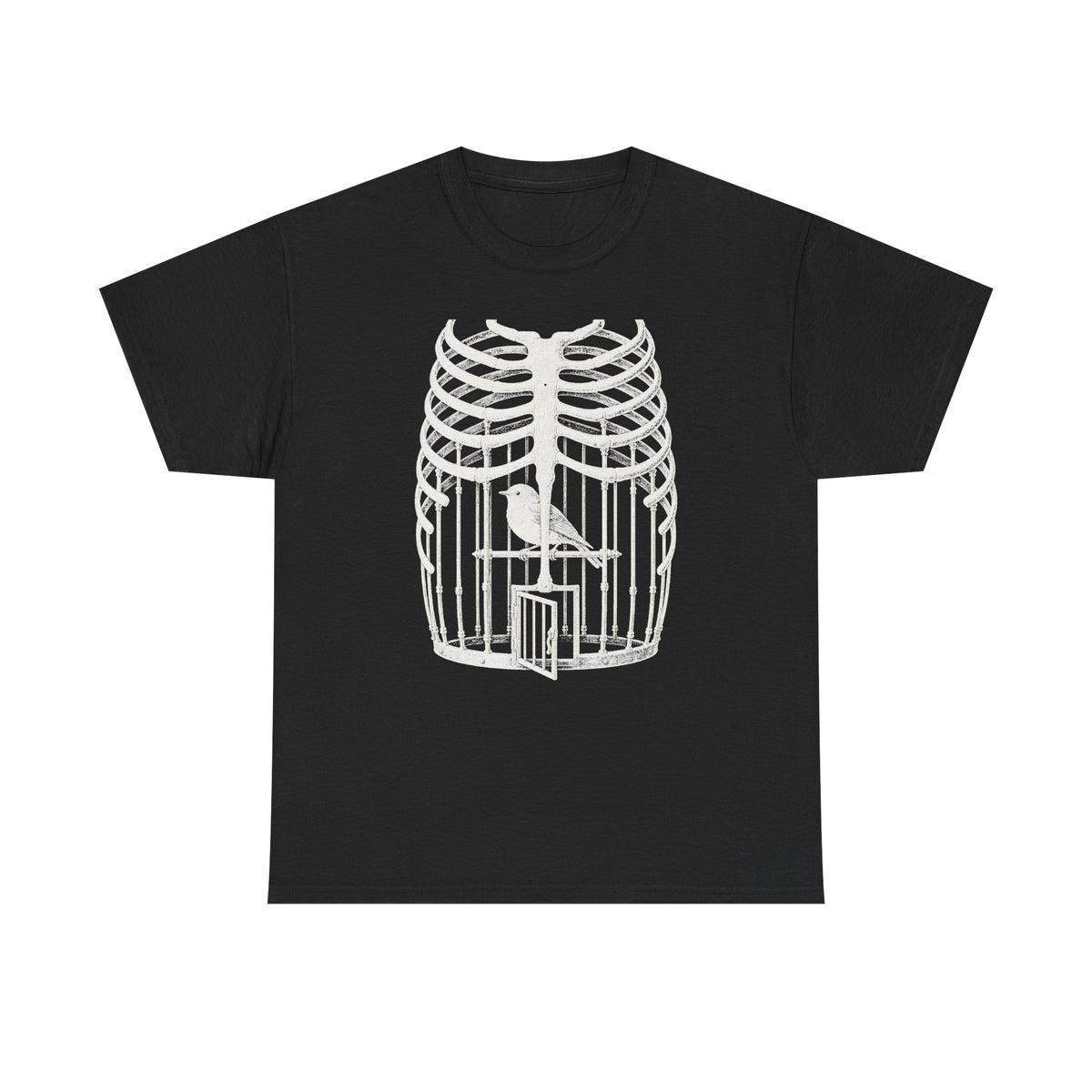 Anatomical Rib Cage Birdcage Shirt, Victorian Engraving Art Tee, Surreal Skeleton Bird Illustration, Dark Academia Gift, Unisex Heavy Cotton