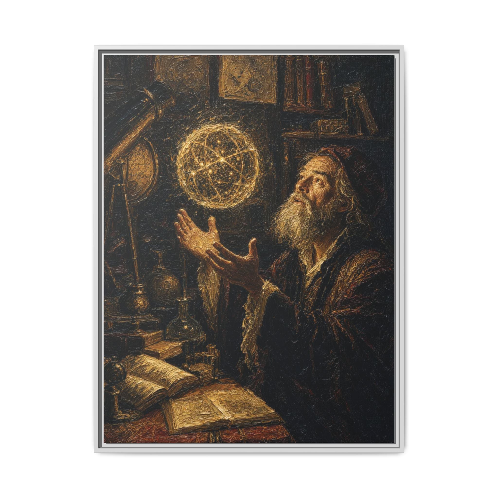 Framed Matte Canvas Art — Old Astronomer with Celestial Globe