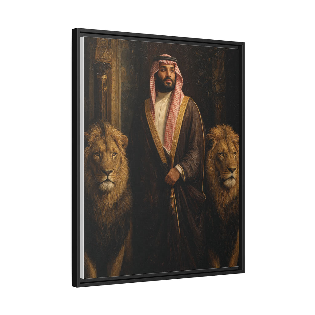 Framed Matte Canvas Print — Regal Arab Sheik Portrait with Lions