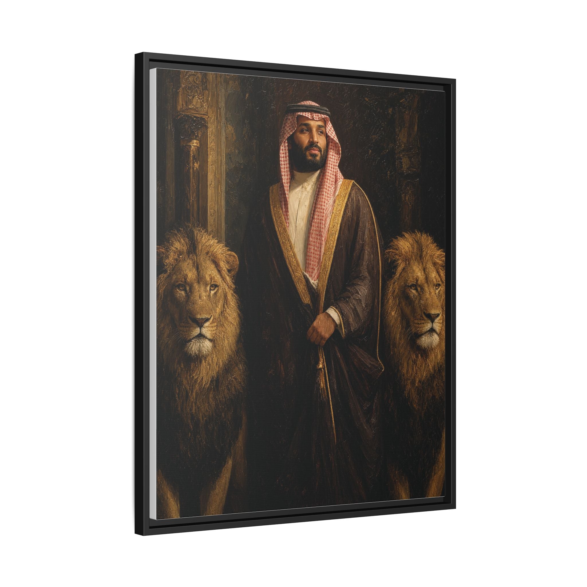 Framed Matte Canvas Print — Regal Arab Sheik Portrait with Lions