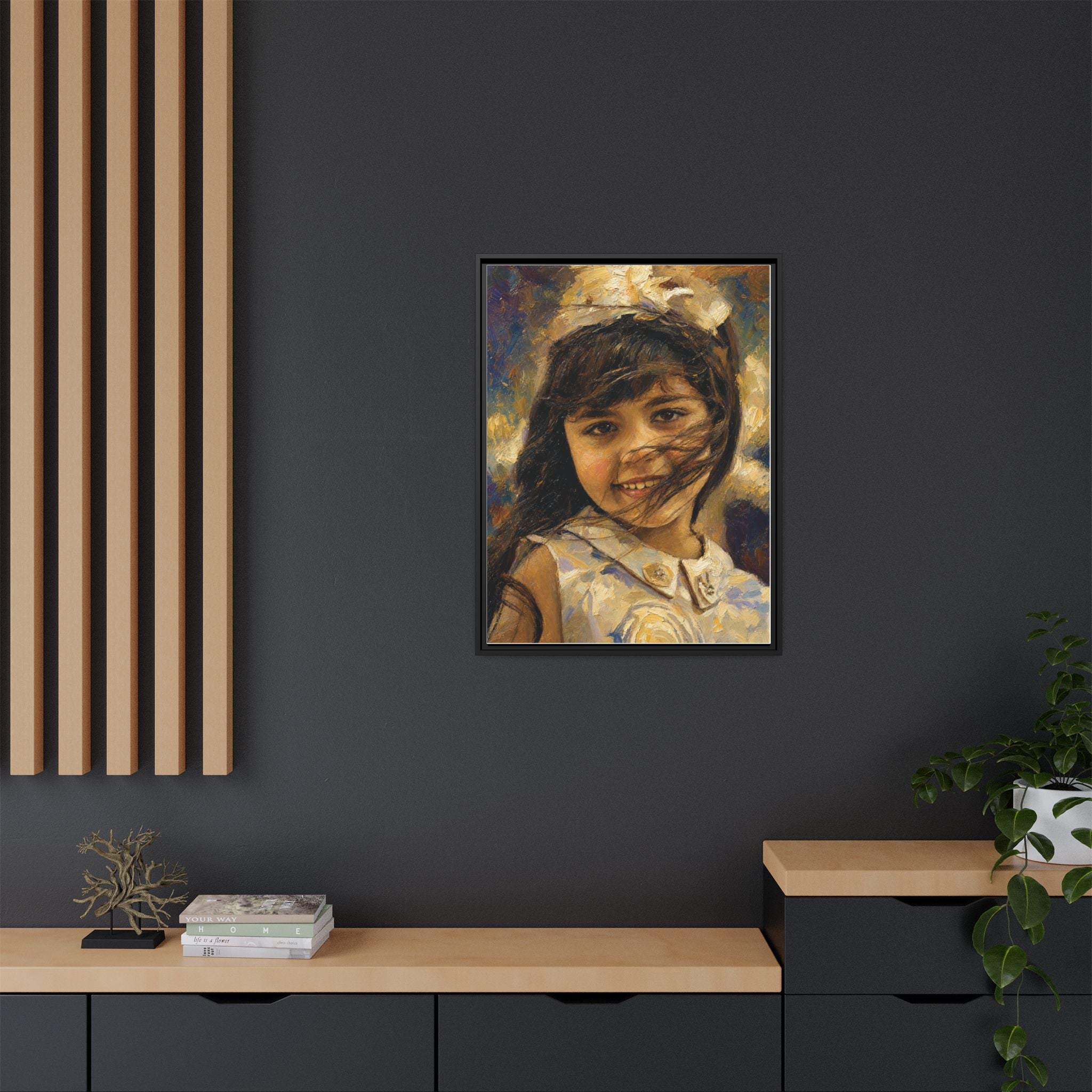 Framed Matte Canvas Portrait Print — Smiling Girl Oil-Paint Style