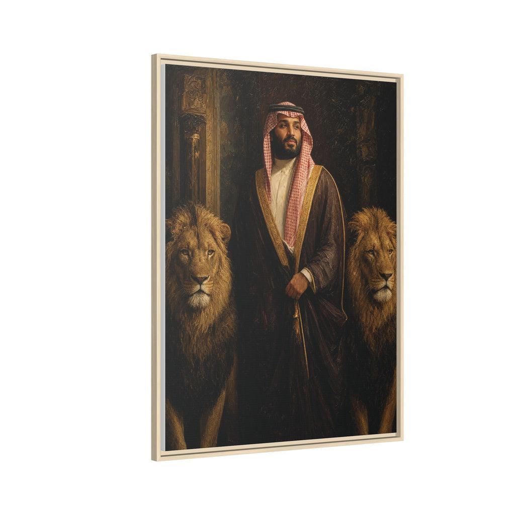 Framed Matte Canvas Print — Regal Arab Sheik Portrait with Lions