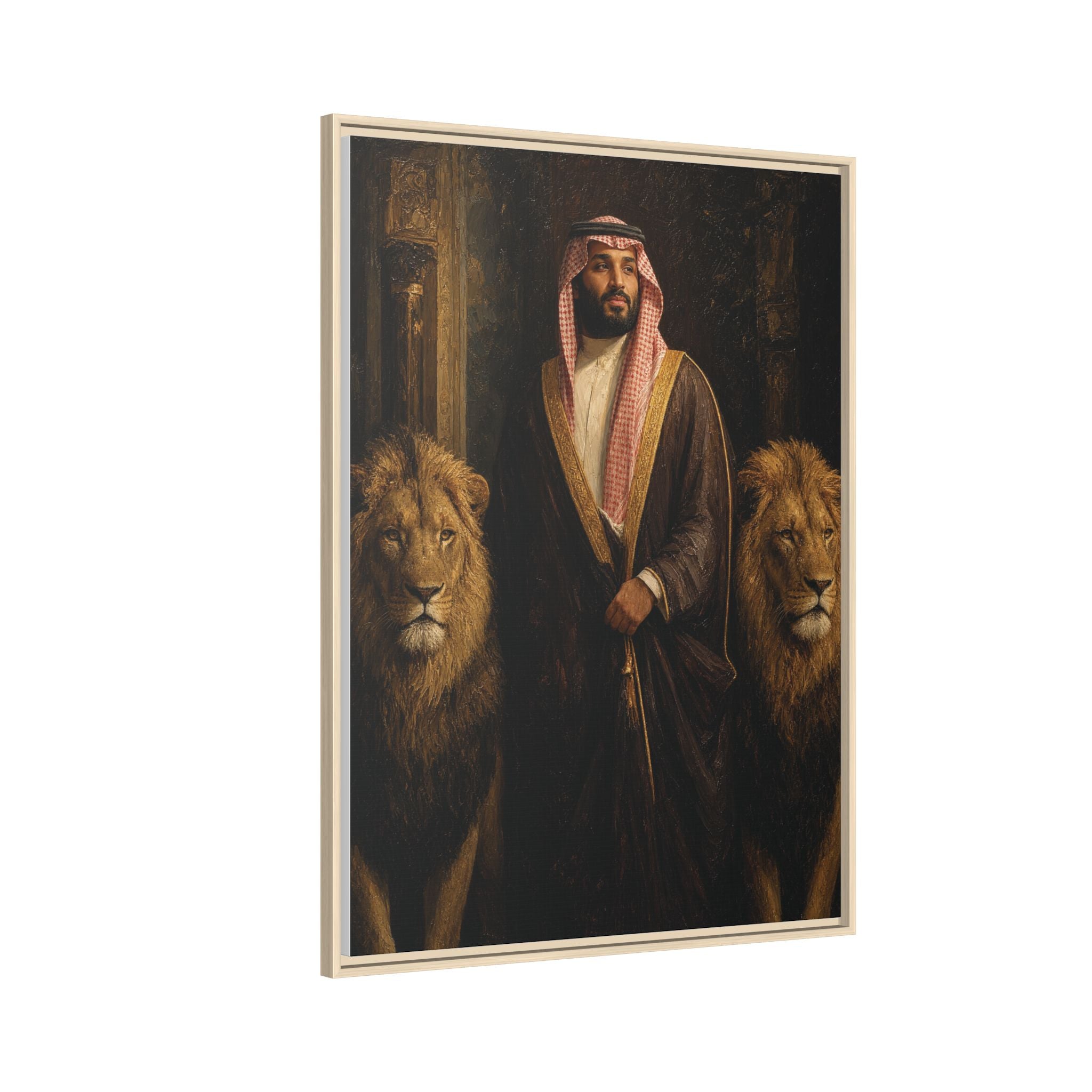 Framed Matte Canvas Print — Regal Arab Sheik Portrait with Lions