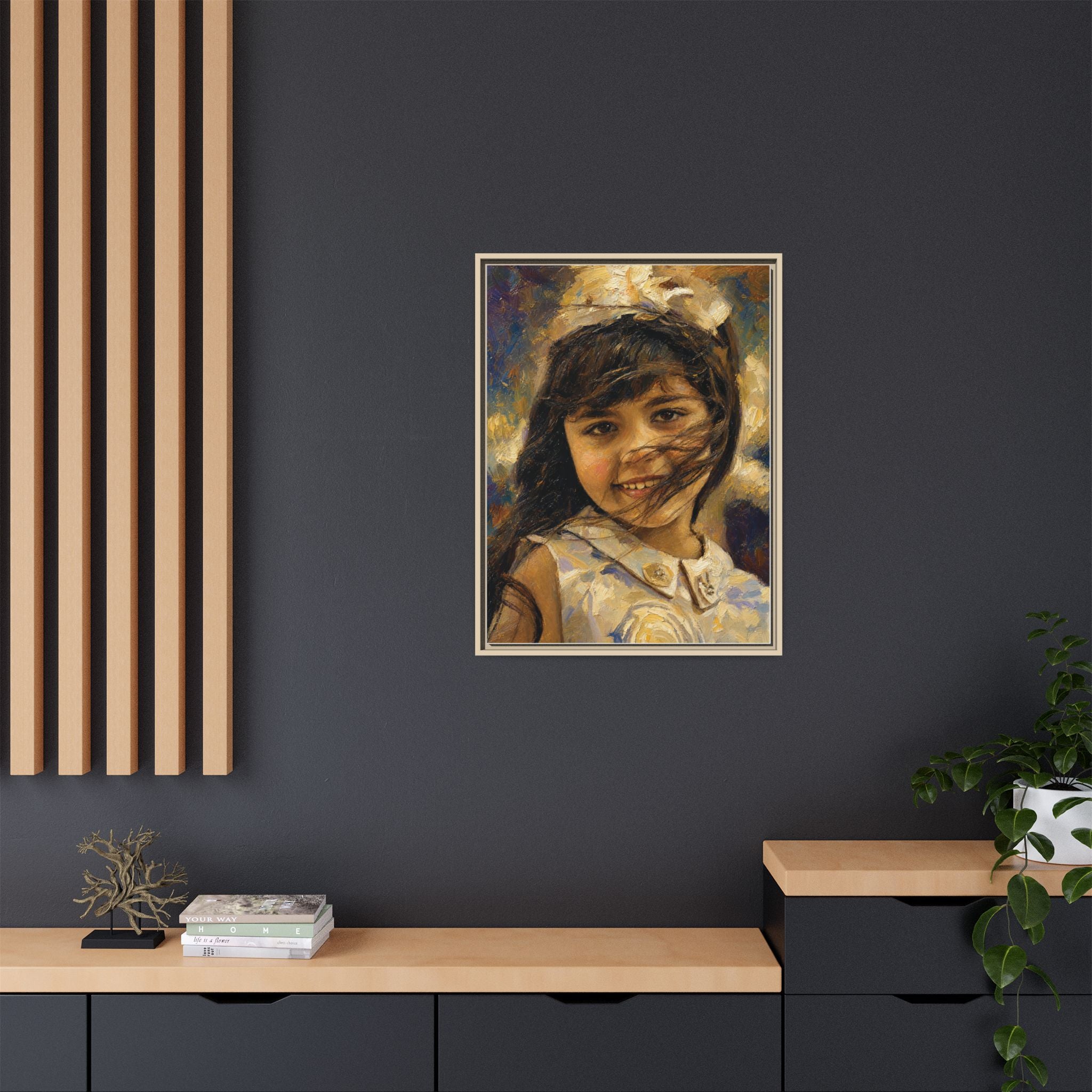 Framed Matte Canvas Portrait Print — Smiling Girl Oil-Paint Style