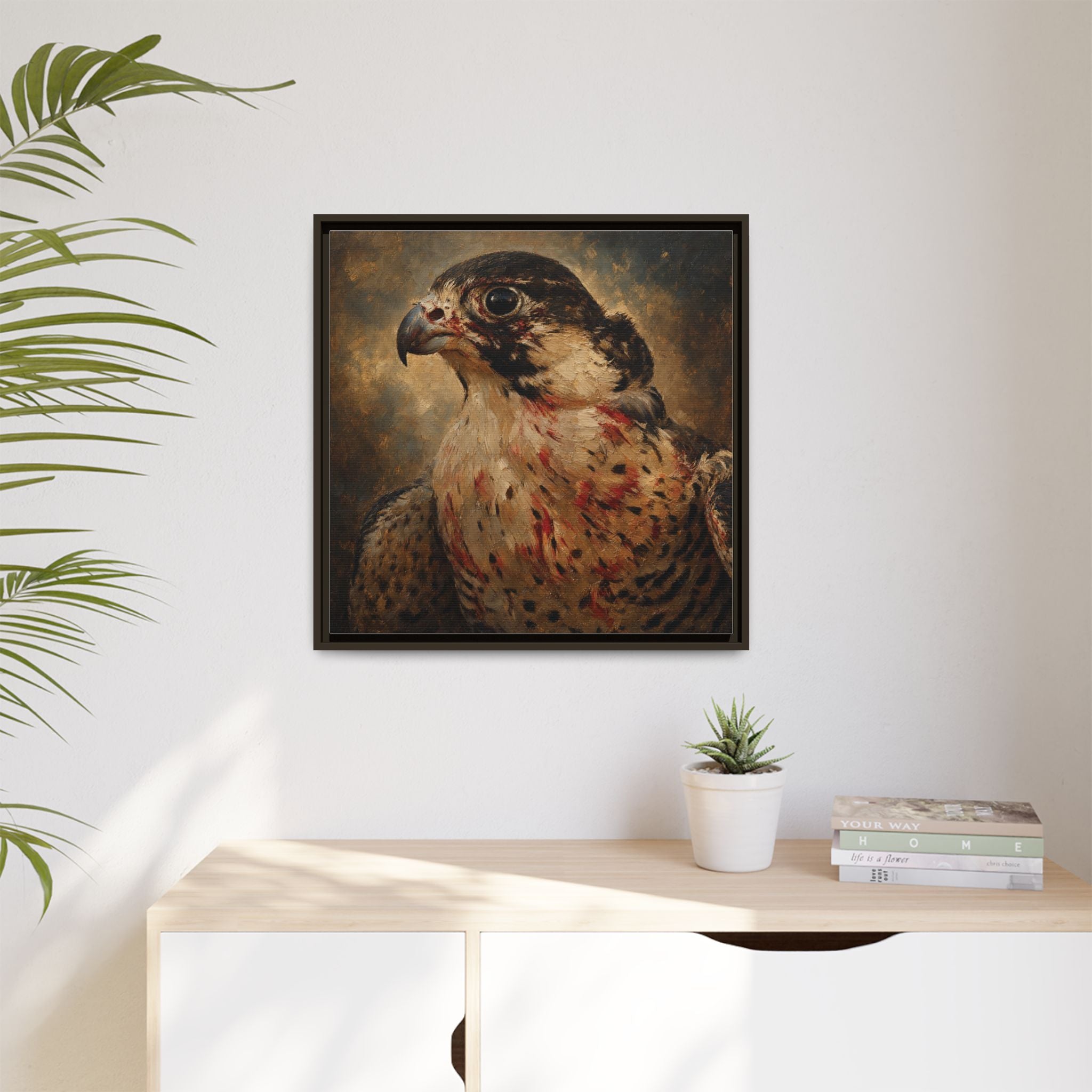 Framed Matte Canvas Falcon Portrait — Dramatic Raptor Wall Art