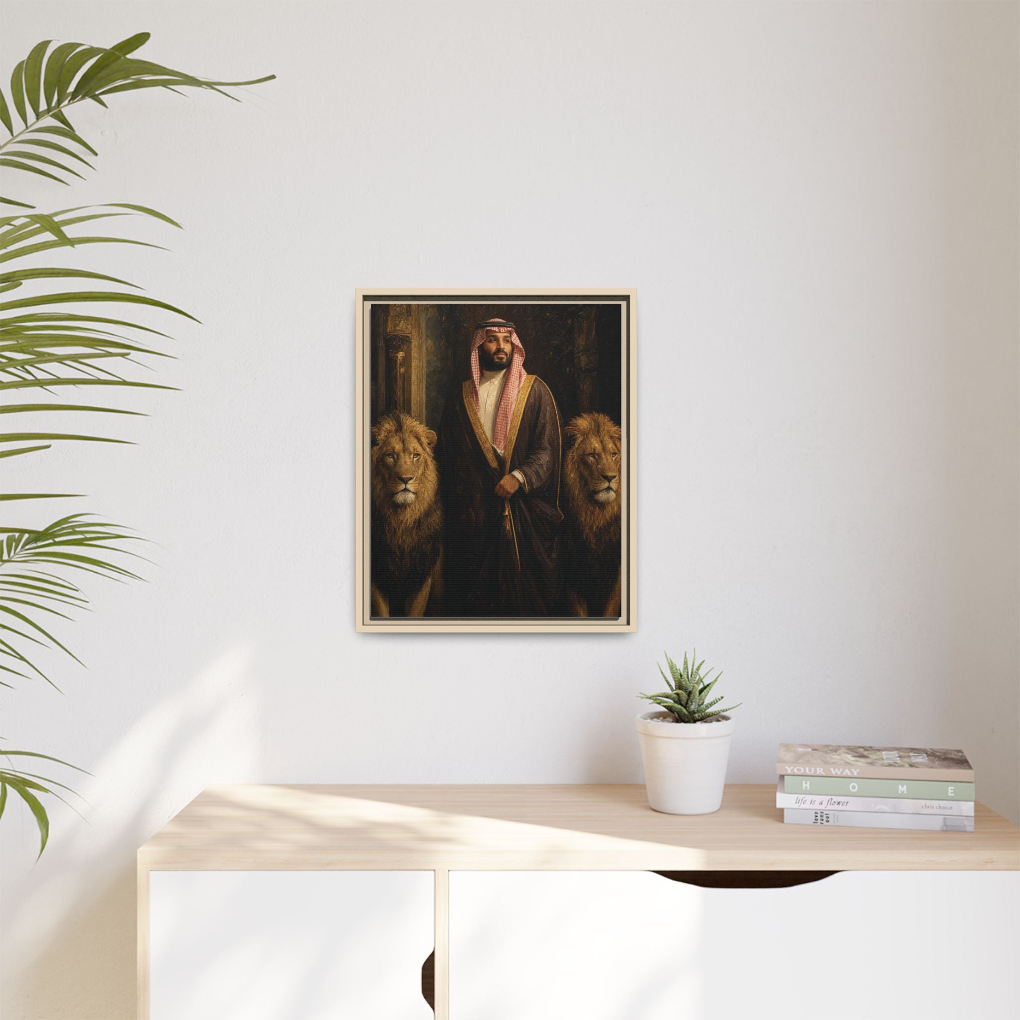Framed Matte Canvas Print — Regal Arab Sheik Portrait with Lions