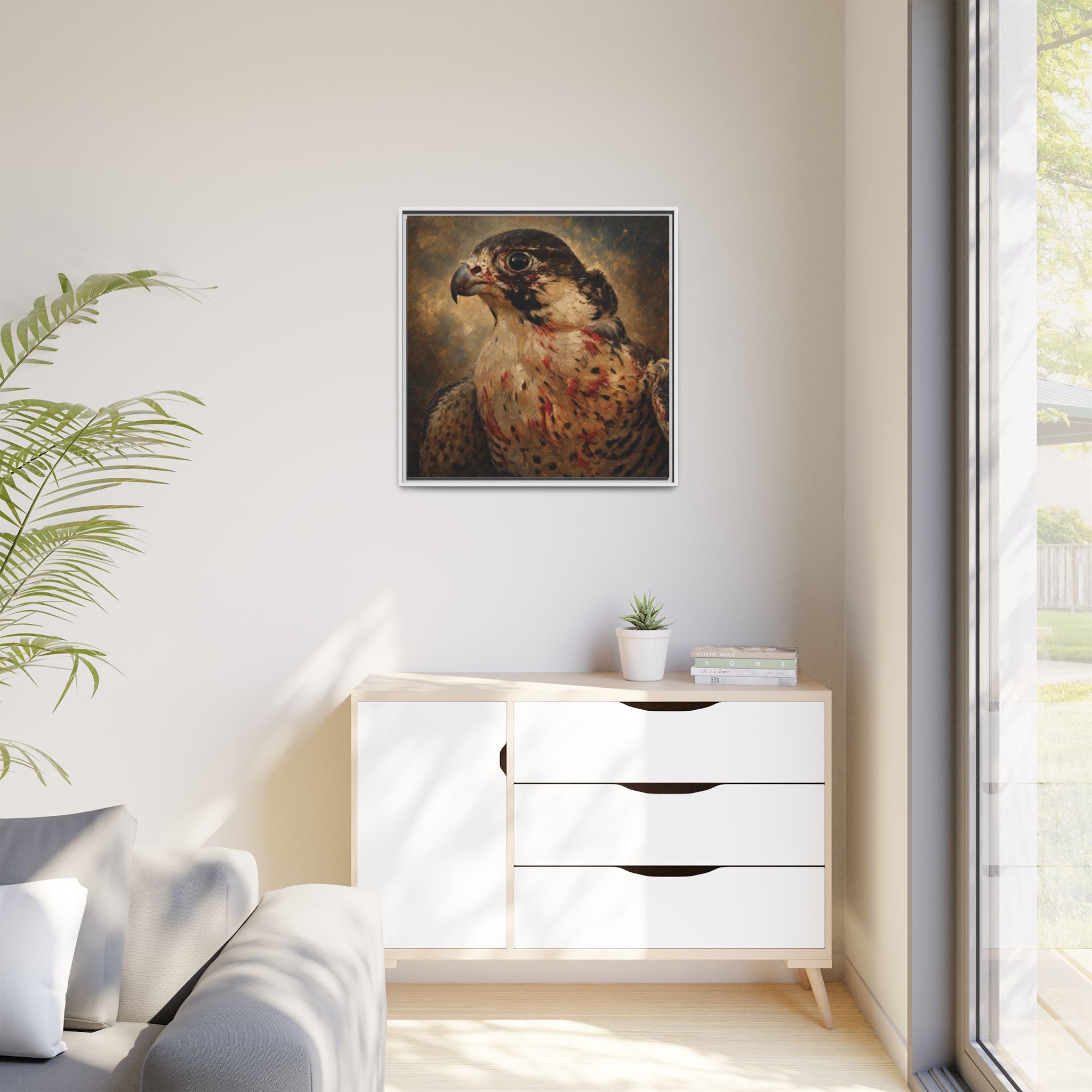 Framed Matte Canvas Falcon Portrait — Dramatic Raptor Wall Art