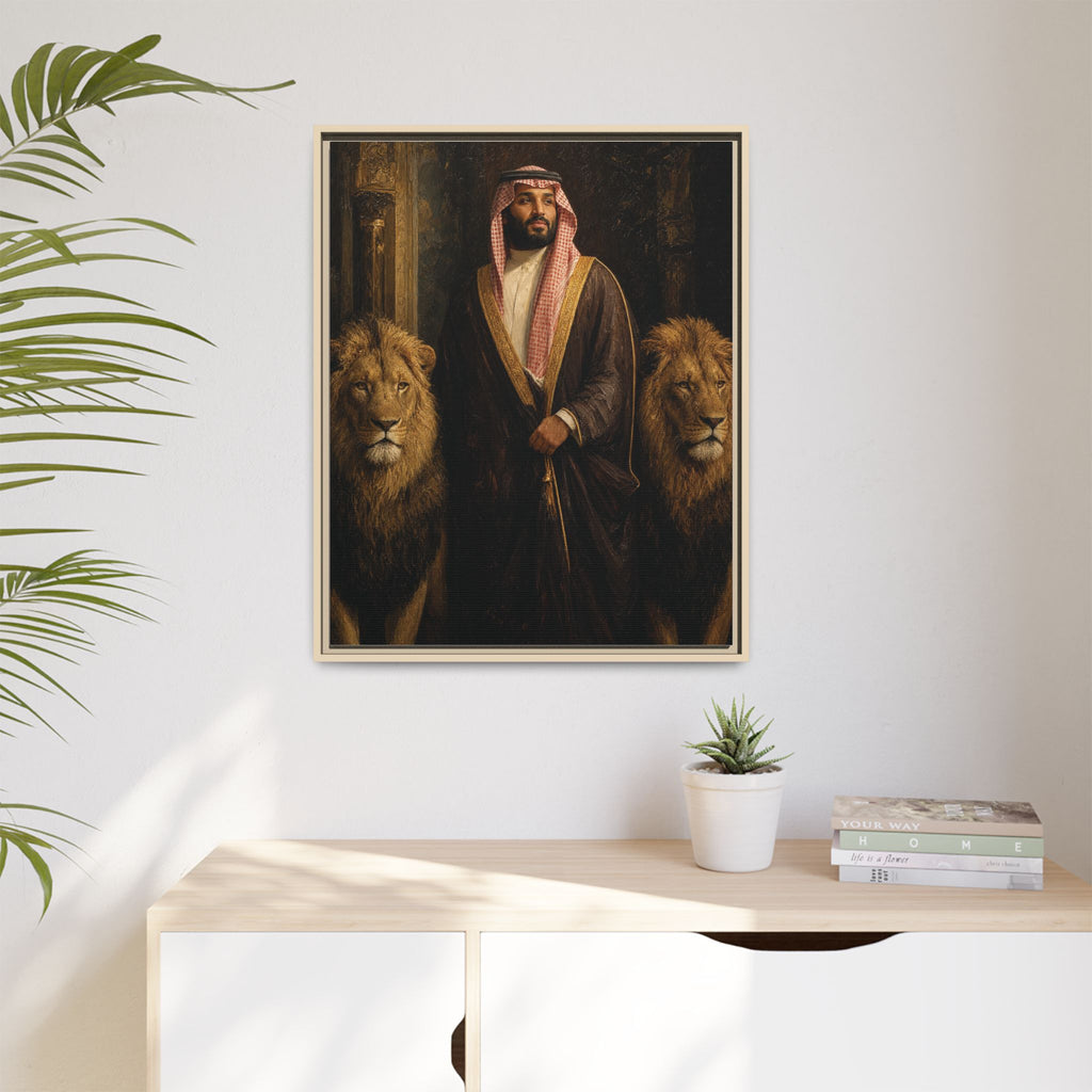 Framed Matte Canvas Print — Regal Arab Sheik Portrait with Lions
