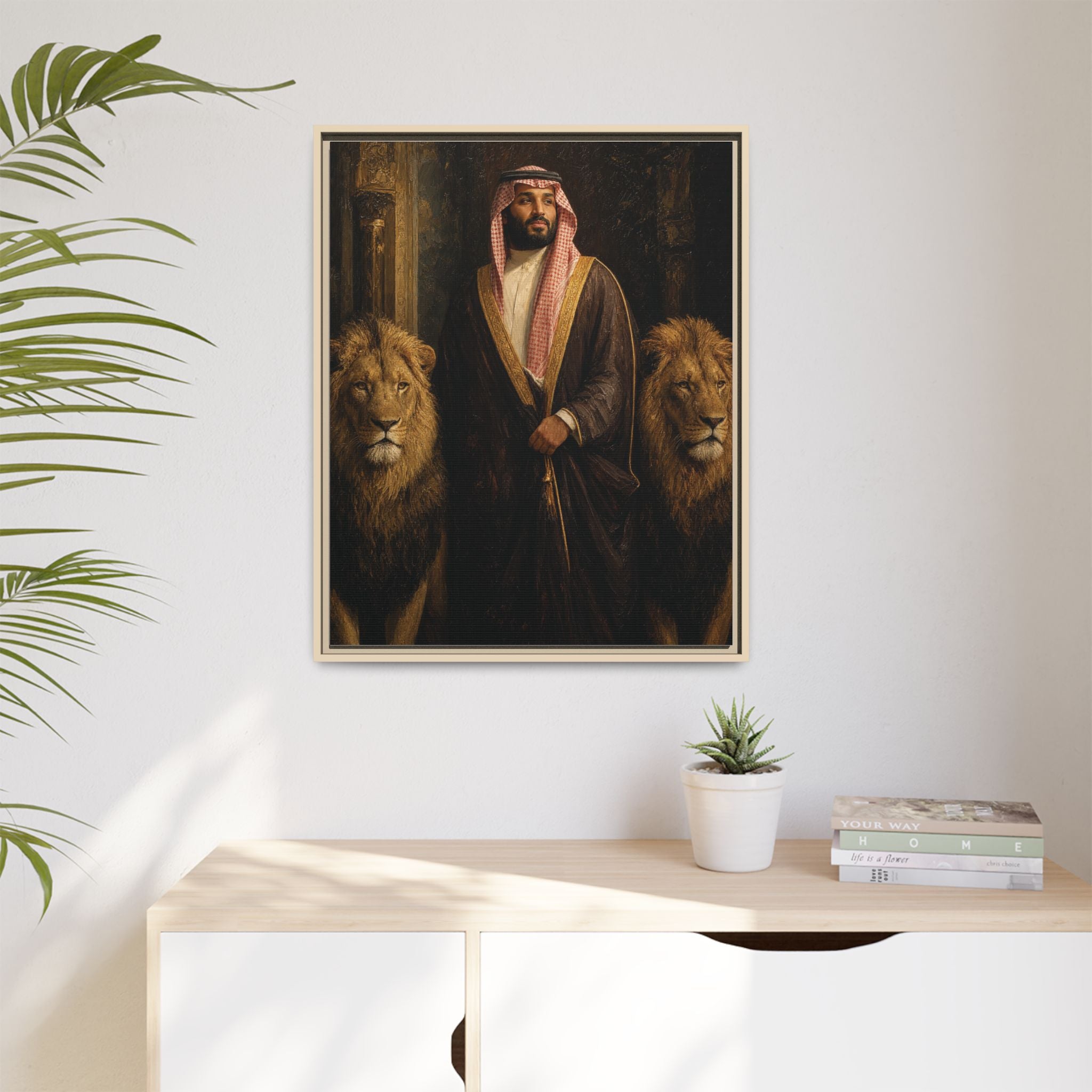 Framed Matte Canvas Print — Regal Arab Sheik Portrait with Lions