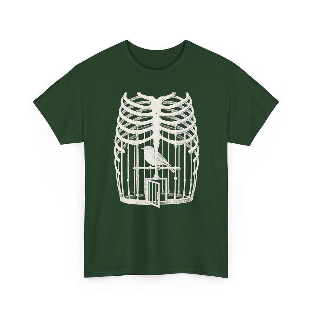 Anatomical Rib Cage Birdcage Shirt, Victorian Engraving Art Tee, Surreal Skeleton Bird Illustration, Dark Academia Gift, Unisex Heavy Cotton