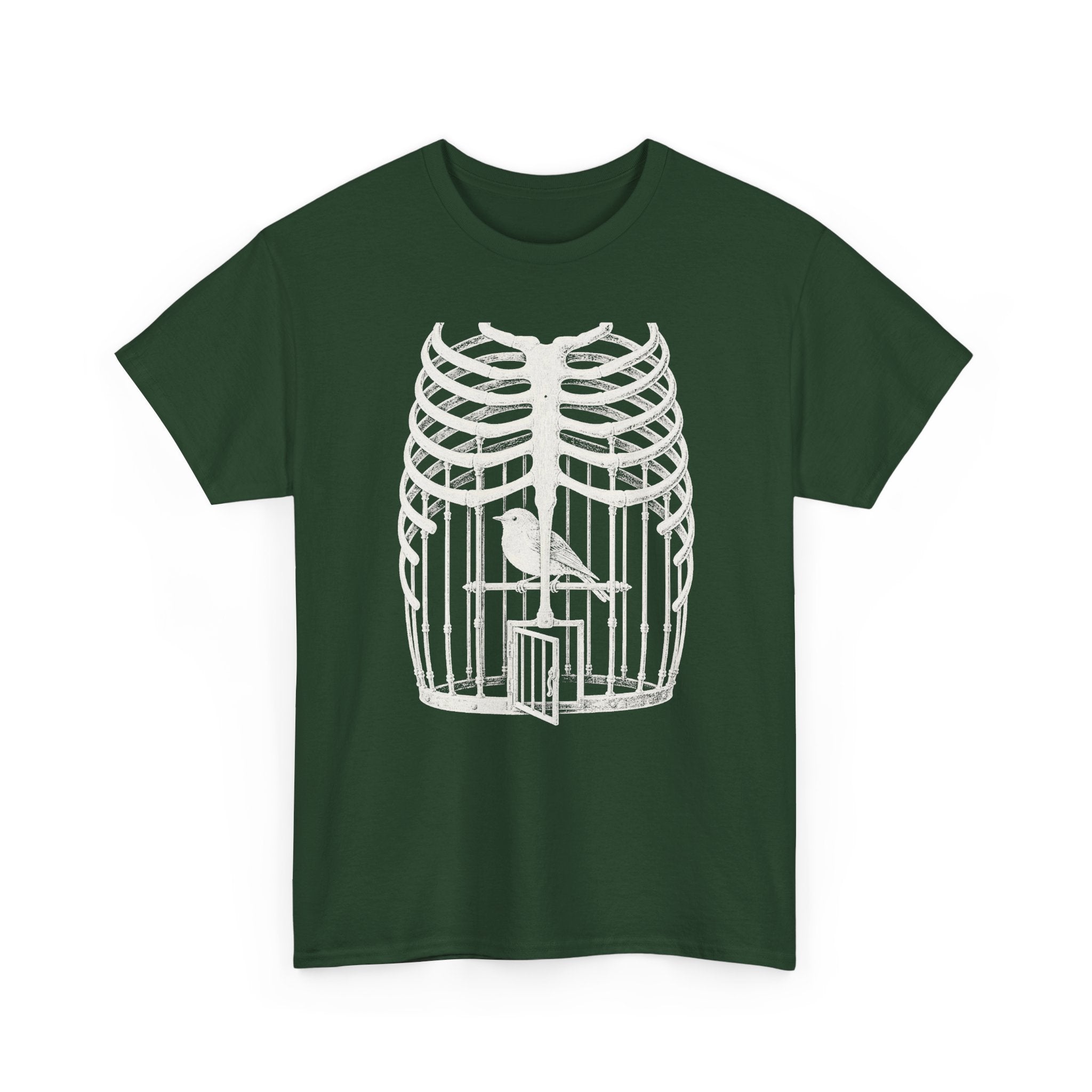 Anatomical Rib Cage Birdcage Shirt, Victorian Engraving Art Tee, Surreal Skeleton Bird Illustration, Dark Academia Gift, Unisex Heavy Cotton