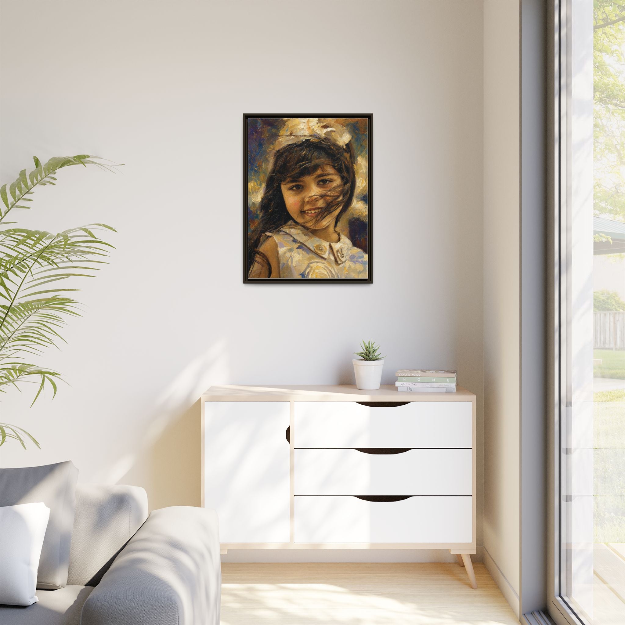 Framed Matte Canvas Portrait Print — Smiling Girl Oil-Paint Style