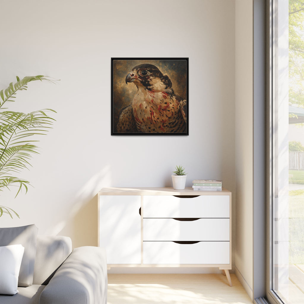 Framed Matte Canvas Falcon Portrait — Dramatic Raptor Wall Art