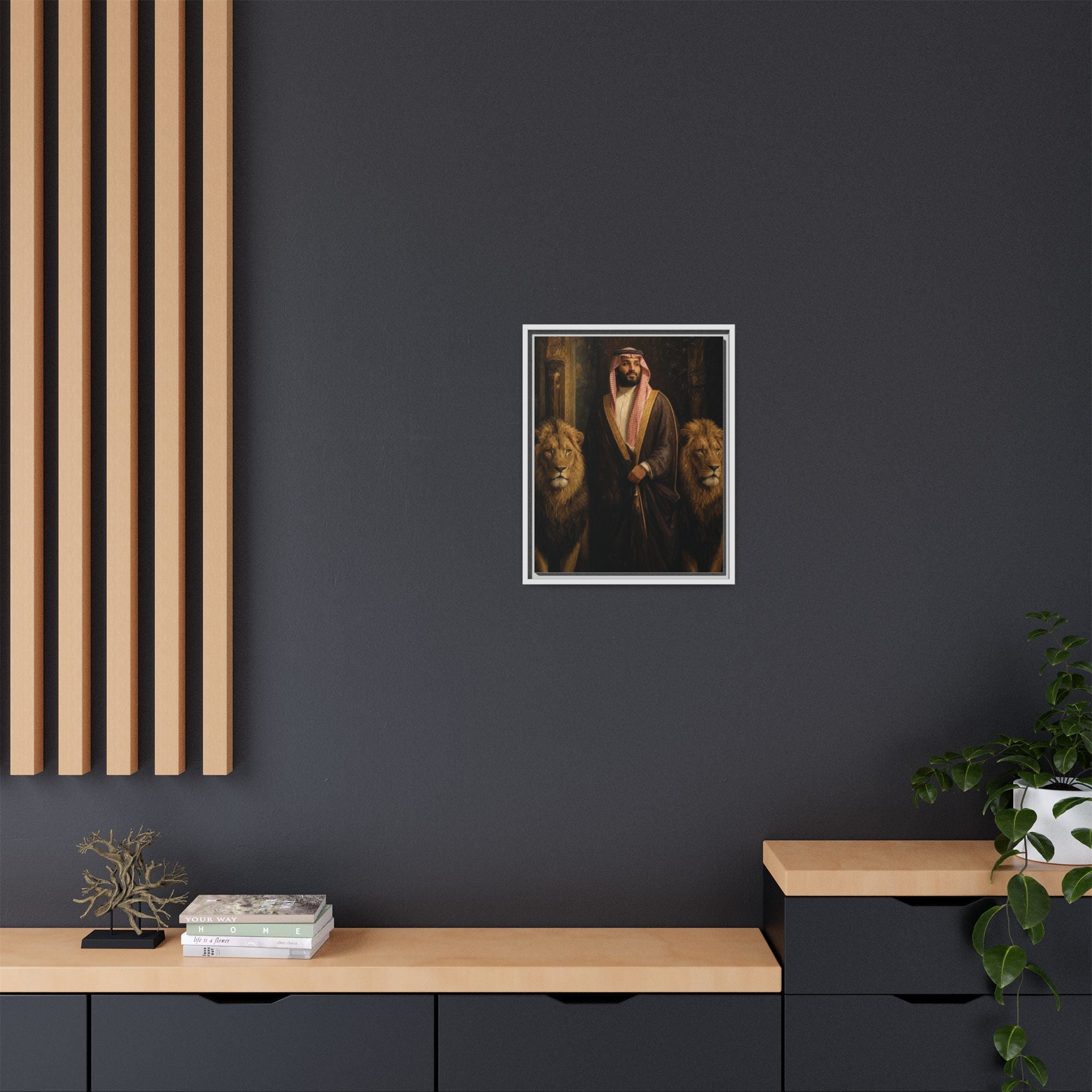 Framed Matte Canvas Print — Regal Arab Sheik Portrait with Lions