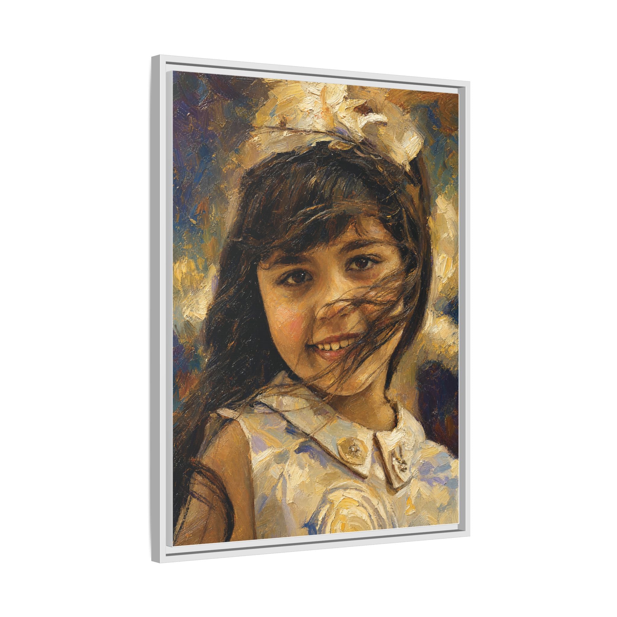 Framed Matte Canvas Portrait Print — Smiling Girl Oil-Paint Style
