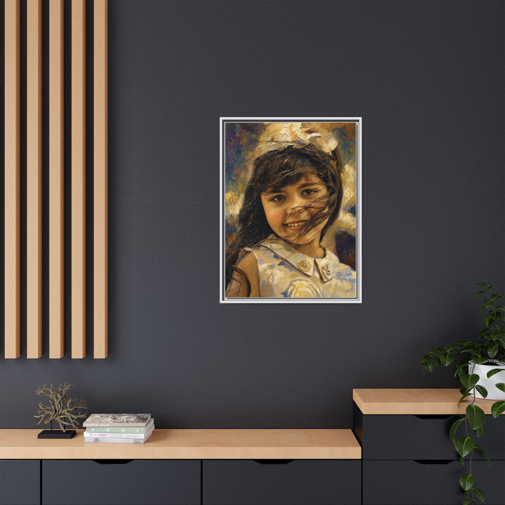 Framed Matte Canvas Portrait Print — Smiling Girl Oil-Paint Style