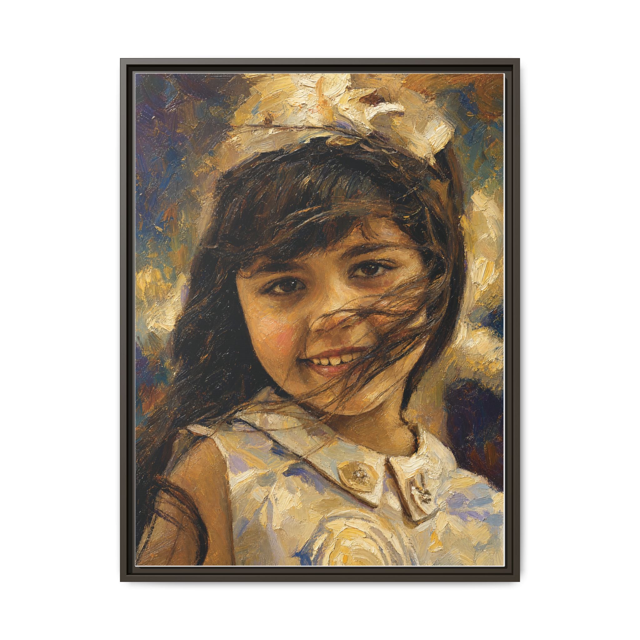 Framed Matte Canvas Portrait Print — Smiling Girl Oil-Paint Style