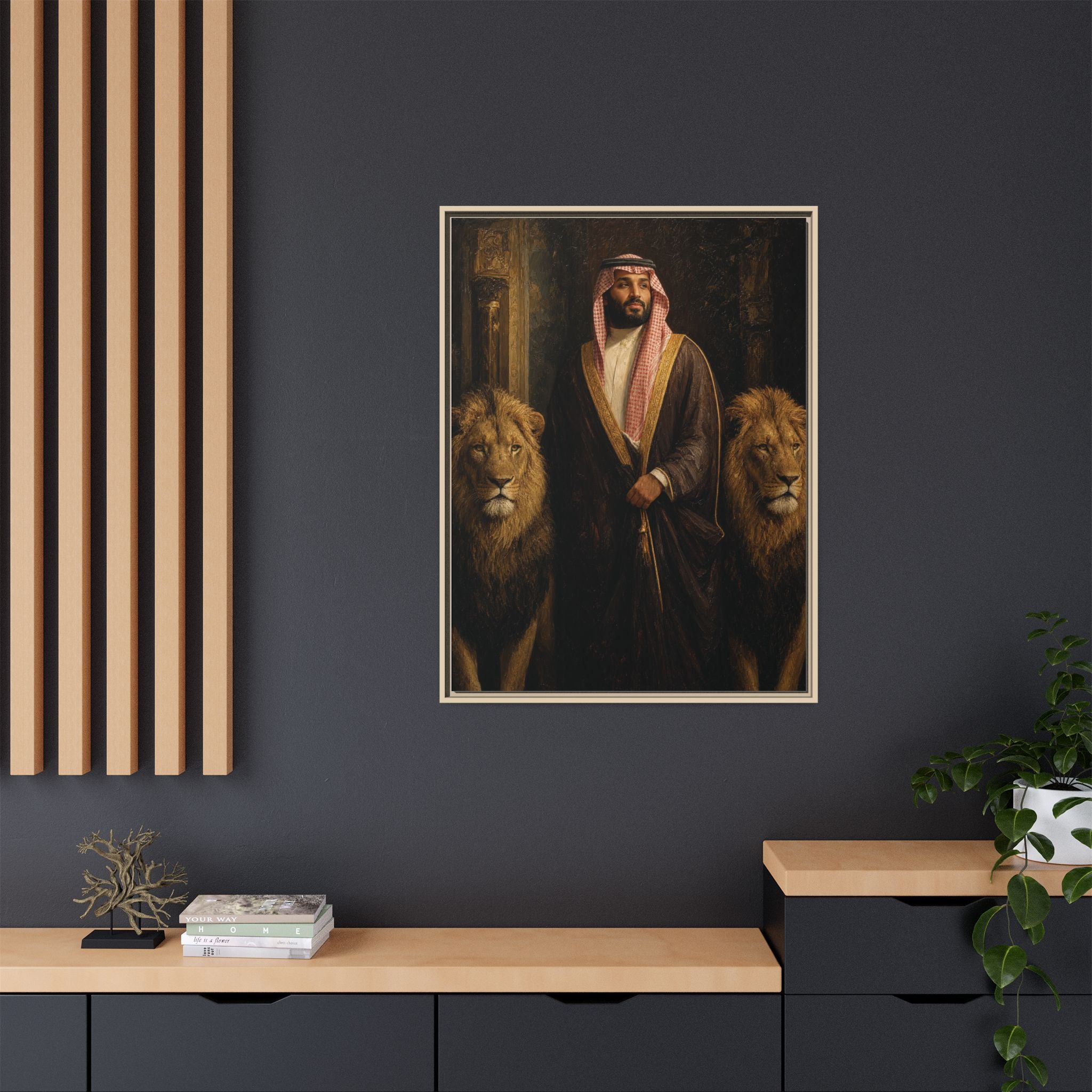 Framed Matte Canvas Print — Regal Arab Sheik Portrait with Lions
