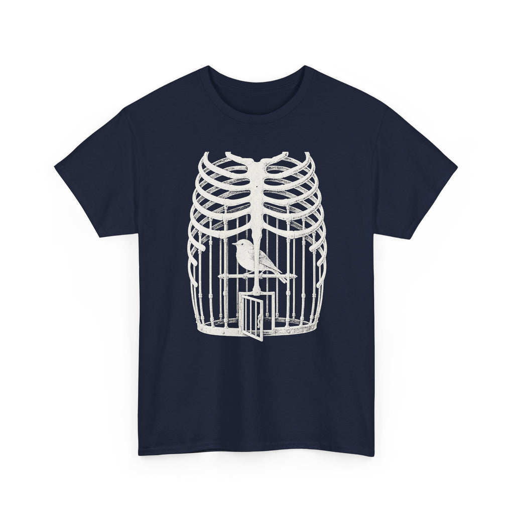 Anatomical Rib Cage Birdcage Shirt, Victorian Engraving Art Tee, Surreal Skeleton Bird Illustration, Dark Academia Gift, Unisex Heavy Cotton