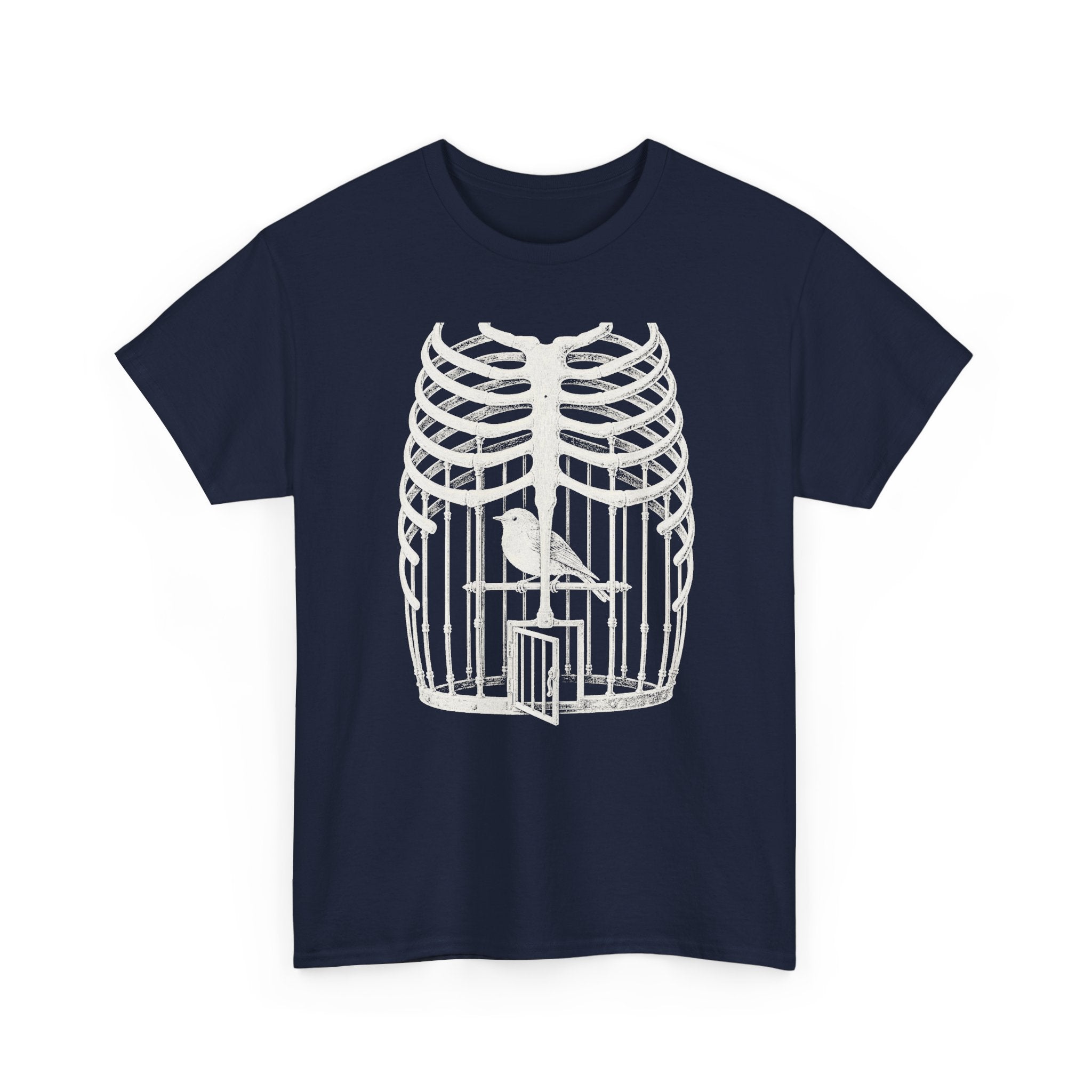 Anatomical Rib Cage Birdcage Shirt, Victorian Engraving Art Tee, Surreal Skeleton Bird Illustration, Dark Academia Gift, Unisex Heavy Cotton