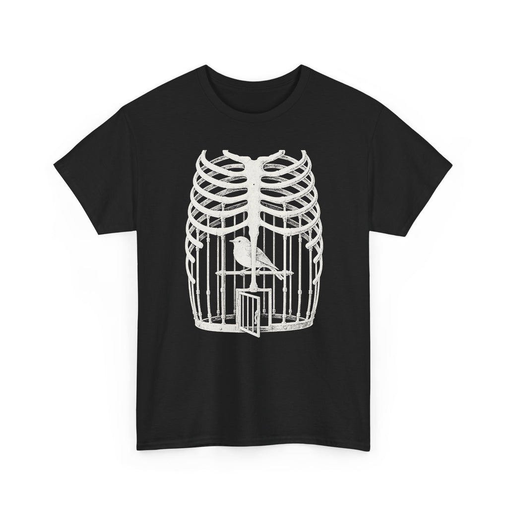 Anatomical Rib Cage Birdcage Shirt, Victorian Engraving Art Tee, Surreal Skeleton Bird Illustration, Dark Academia Gift, Unisex Heavy Cotton
