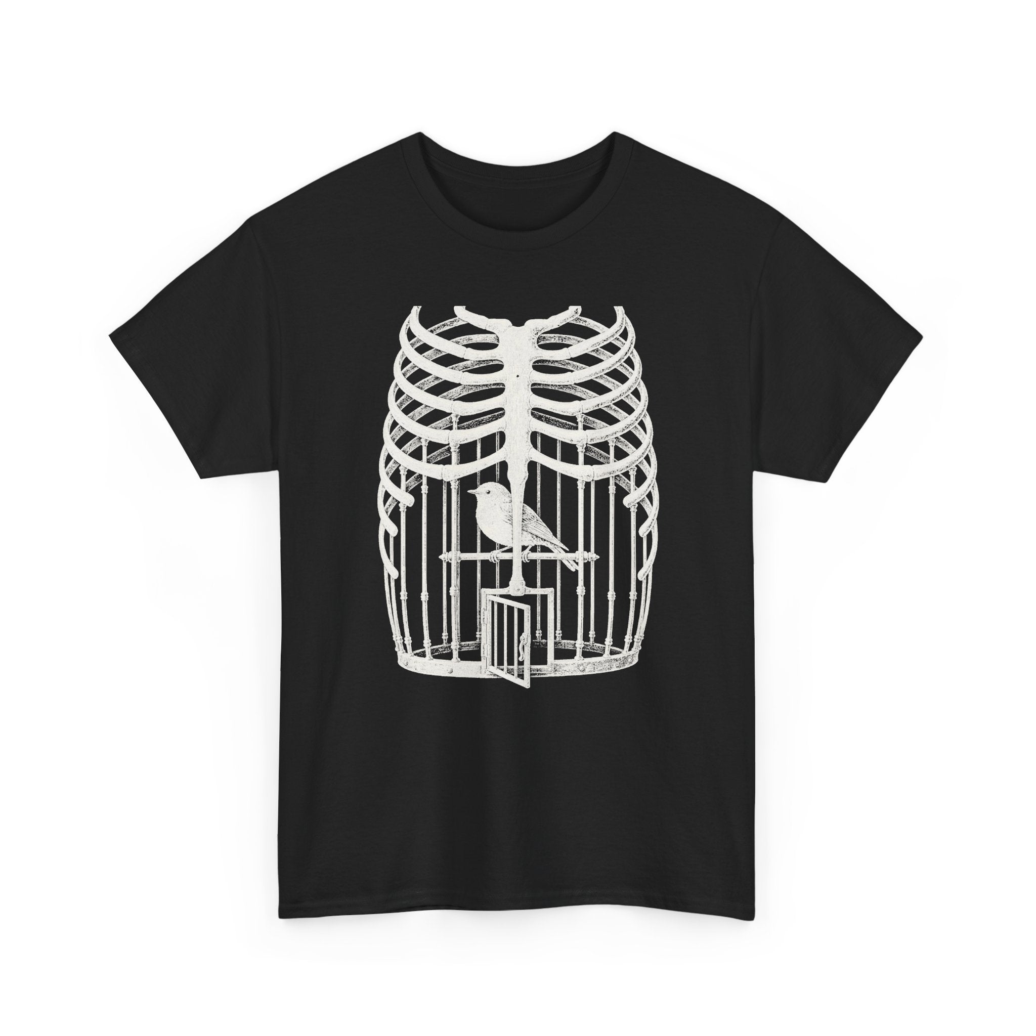 Anatomical Rib Cage Birdcage Shirt, Victorian Engraving Art Tee, Surreal Skeleton Bird Illustration, Dark Academia Gift, Unisex Heavy Cotton