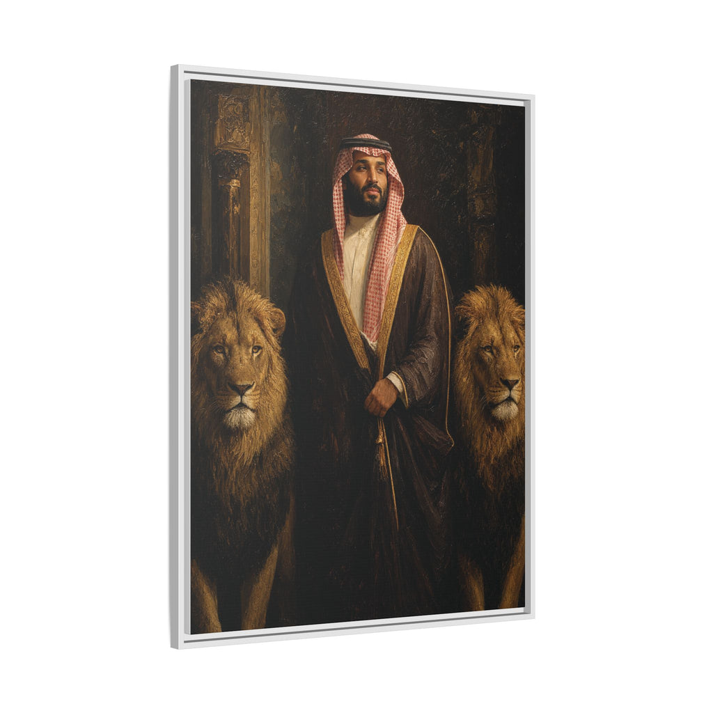 Framed Matte Canvas Print — Regal Arab Sheik Portrait with Lions