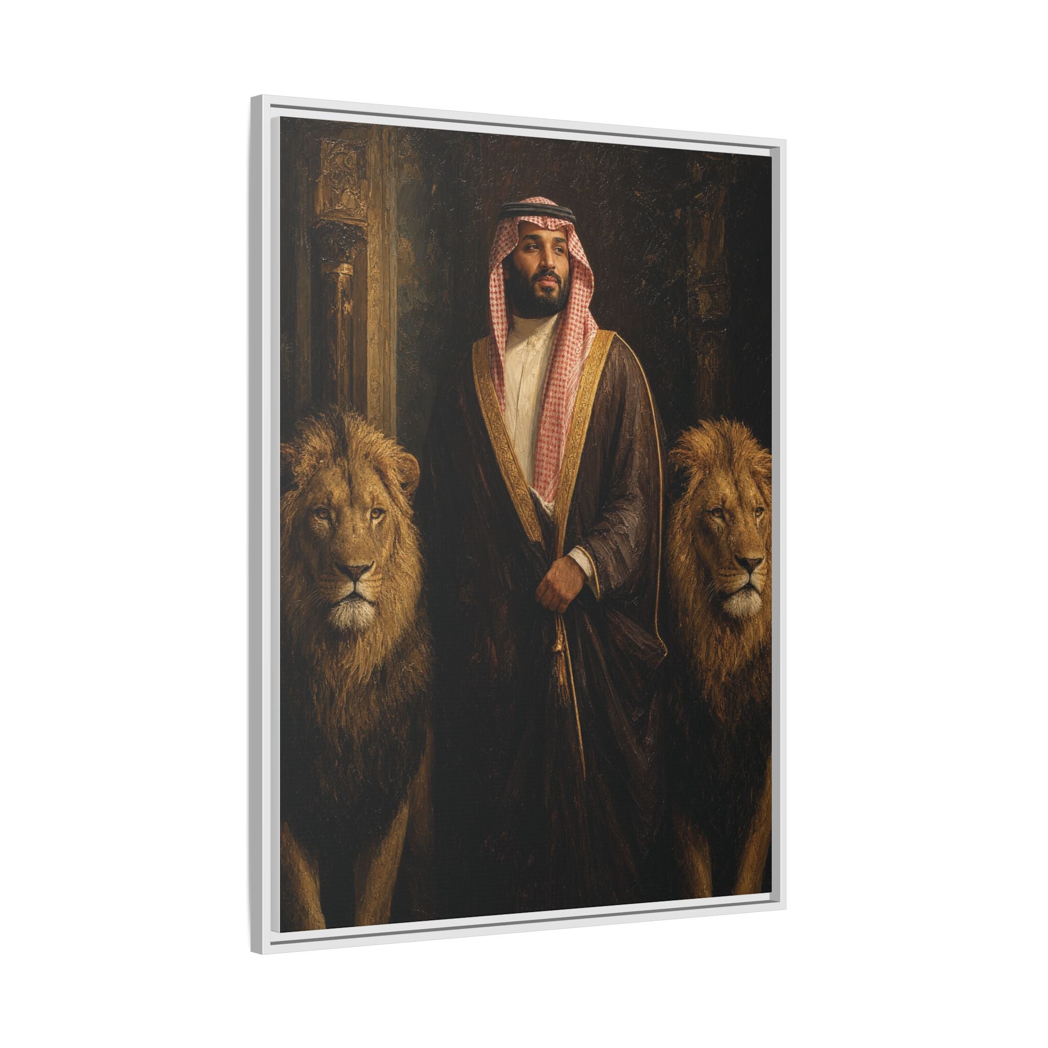 Framed Matte Canvas Print — Regal Arab Sheik Portrait with Lions