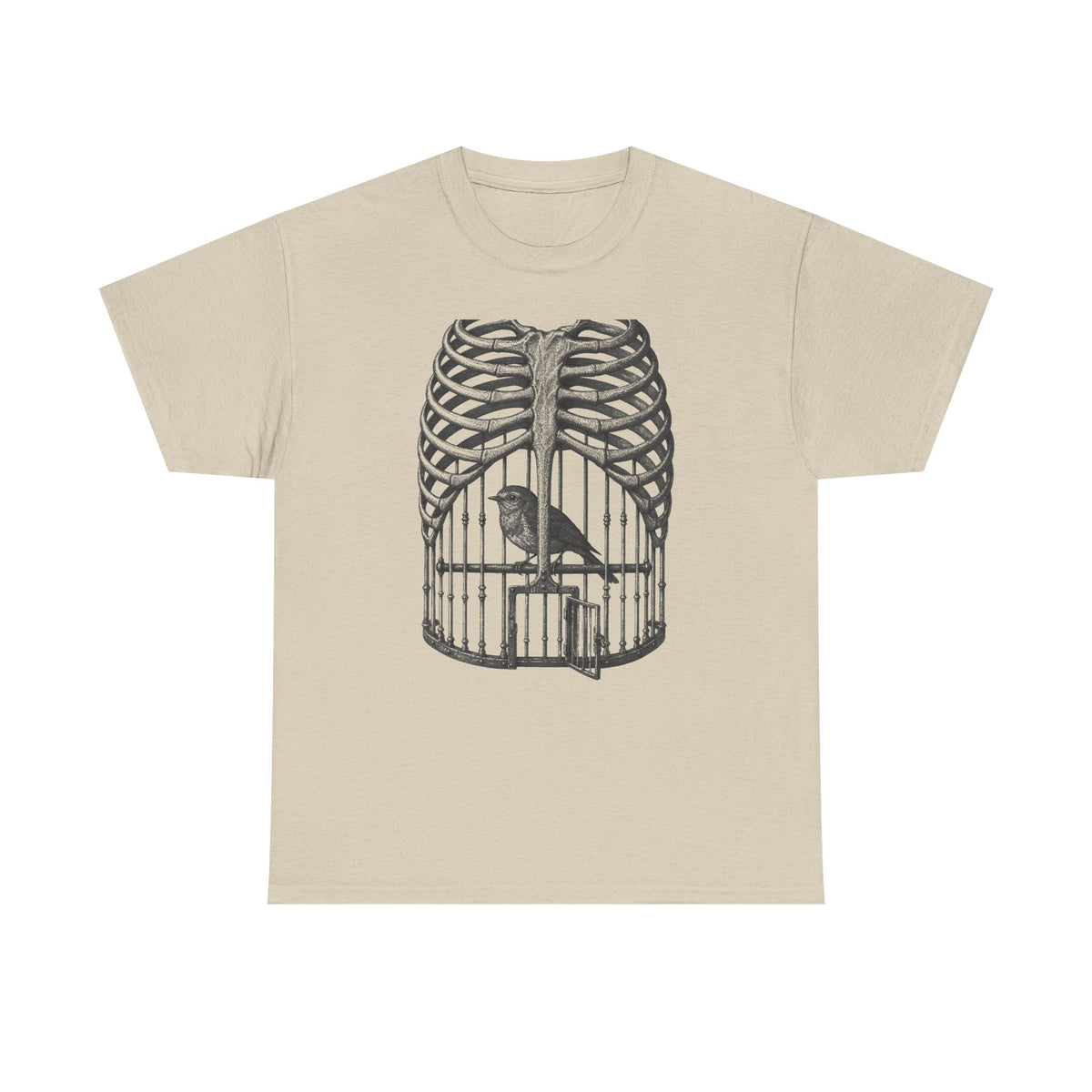 Anatomical Rib Cage Birdcage Shirt, Victorian Engraving Art Tee, Surreal Skeleton Bird Illustration, Dark Academia Gift, Unisex Heavy Cotton