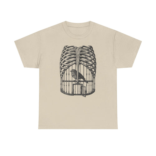 Anatomical Rib Cage Birdcage Shirt, Victorian Engraving Art Tee, Surreal Skeleton Bird Illustration, Dark Academia Gift, Unisex Heavy Cotton