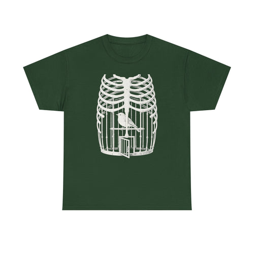 Anatomical Rib Cage Birdcage Shirt, Victorian Engraving Art Tee, Surreal Skeleton Bird Illustration, Dark Academia Gift, Unisex Heavy Cotton