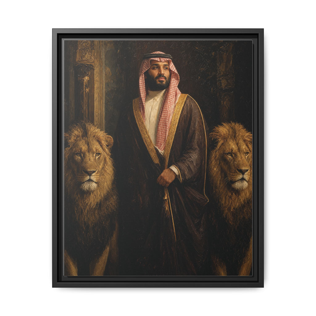 Framed Matte Canvas Print — Regal Arab Sheik Portrait with Lions