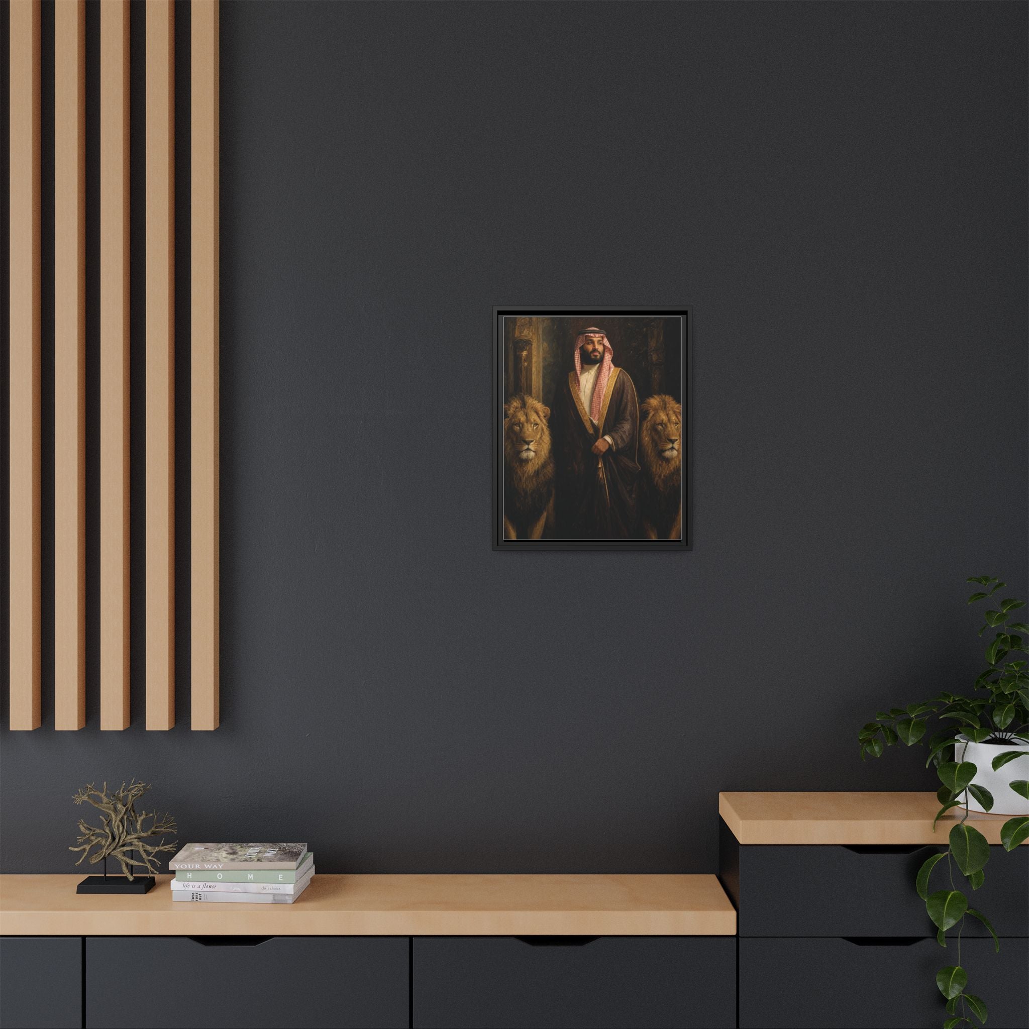 Framed Matte Canvas Print — Regal Arab Sheik Portrait with Lions