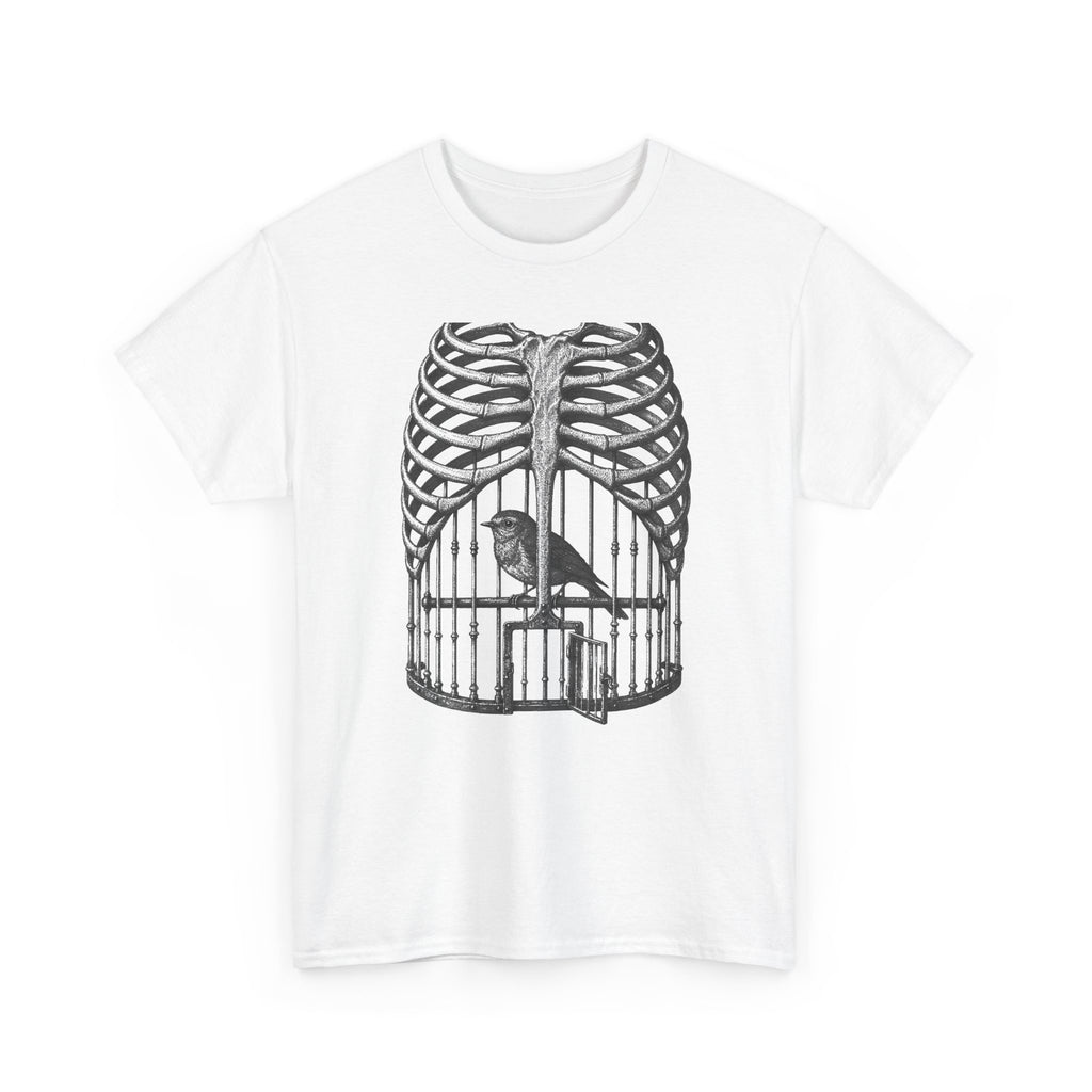 Anatomical Rib Cage Birdcage Shirt, Victorian Engraving Art Tee, Surreal Skeleton Bird Illustration, Dark Academia Gift, Unisex Heavy Cotton