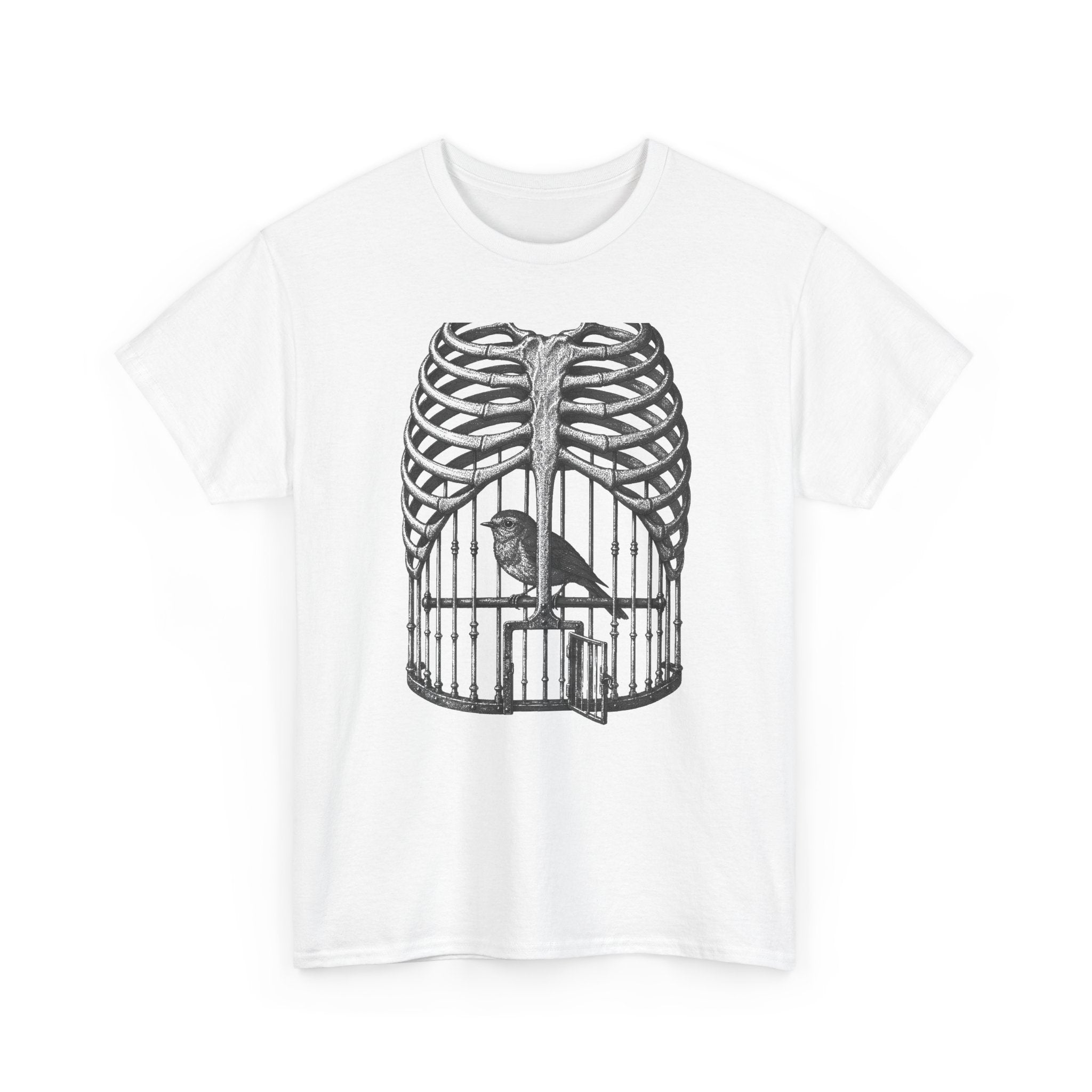 Anatomical Rib Cage Birdcage Shirt, Victorian Engraving Art Tee, Surreal Skeleton Bird Illustration, Dark Academia Gift, Unisex Heavy Cotton