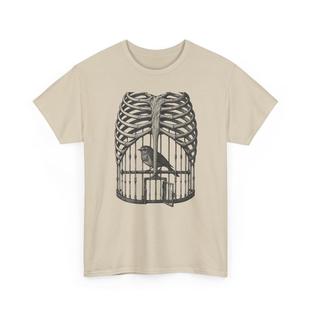Anatomical Rib Cage Birdcage Shirt, Victorian Engraving Art Tee, Surreal Skeleton Bird Illustration, Dark Academia Gift, Unisex Heavy Cotton