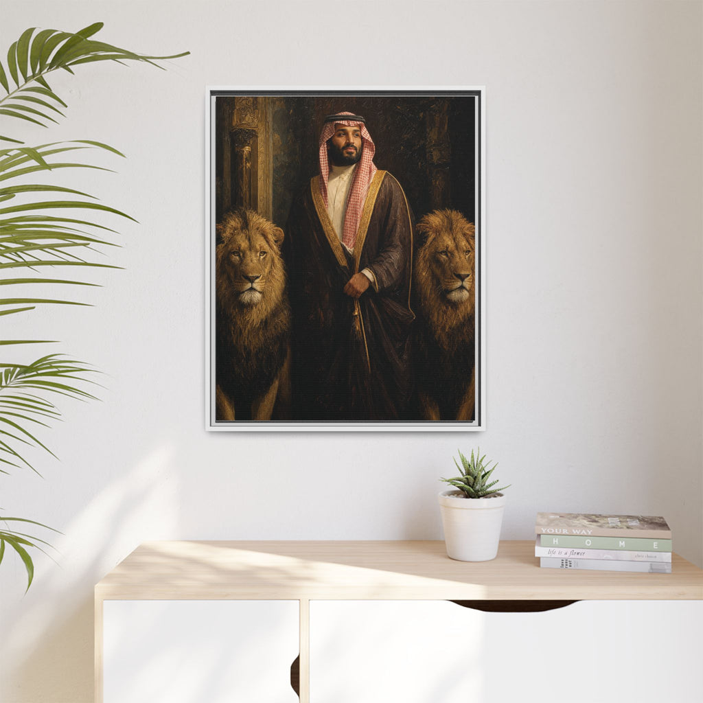 Framed Matte Canvas Print — Regal Arab Sheik Portrait with Lions