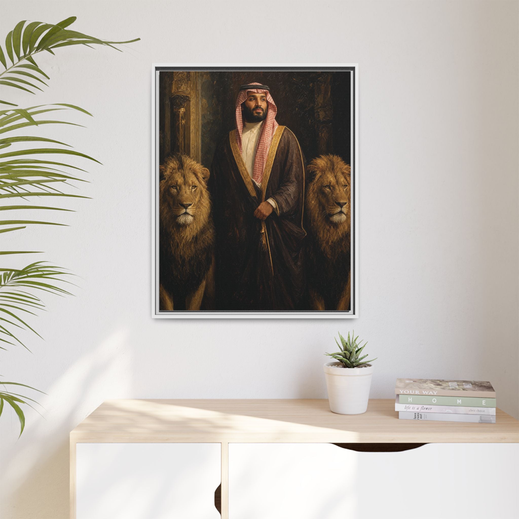 Framed Matte Canvas Print — Regal Arab Sheik Portrait with Lions