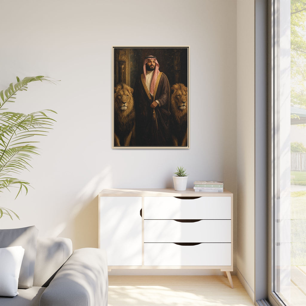 Framed Matte Canvas Print — Regal Arab Sheik Portrait with Lions