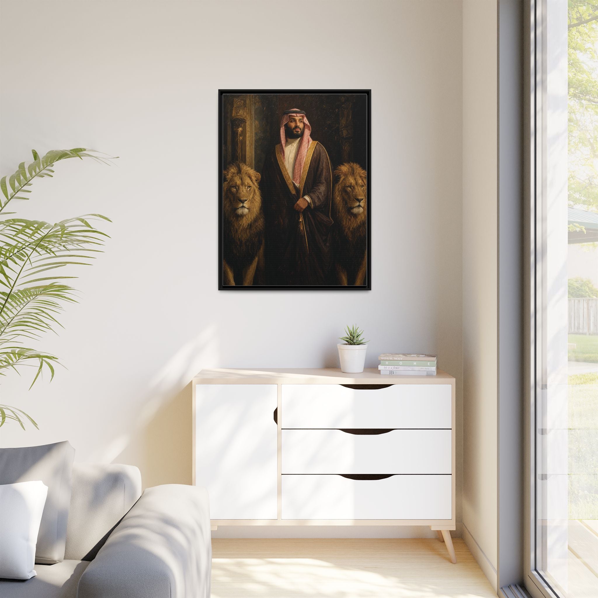 Framed Matte Canvas Print — Regal Arab Sheik Portrait with Lions